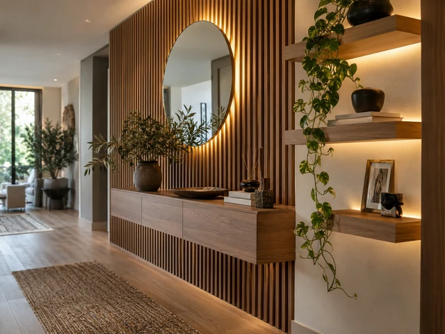 Warm entry decor with slatted wood wall, floating console and shelves
